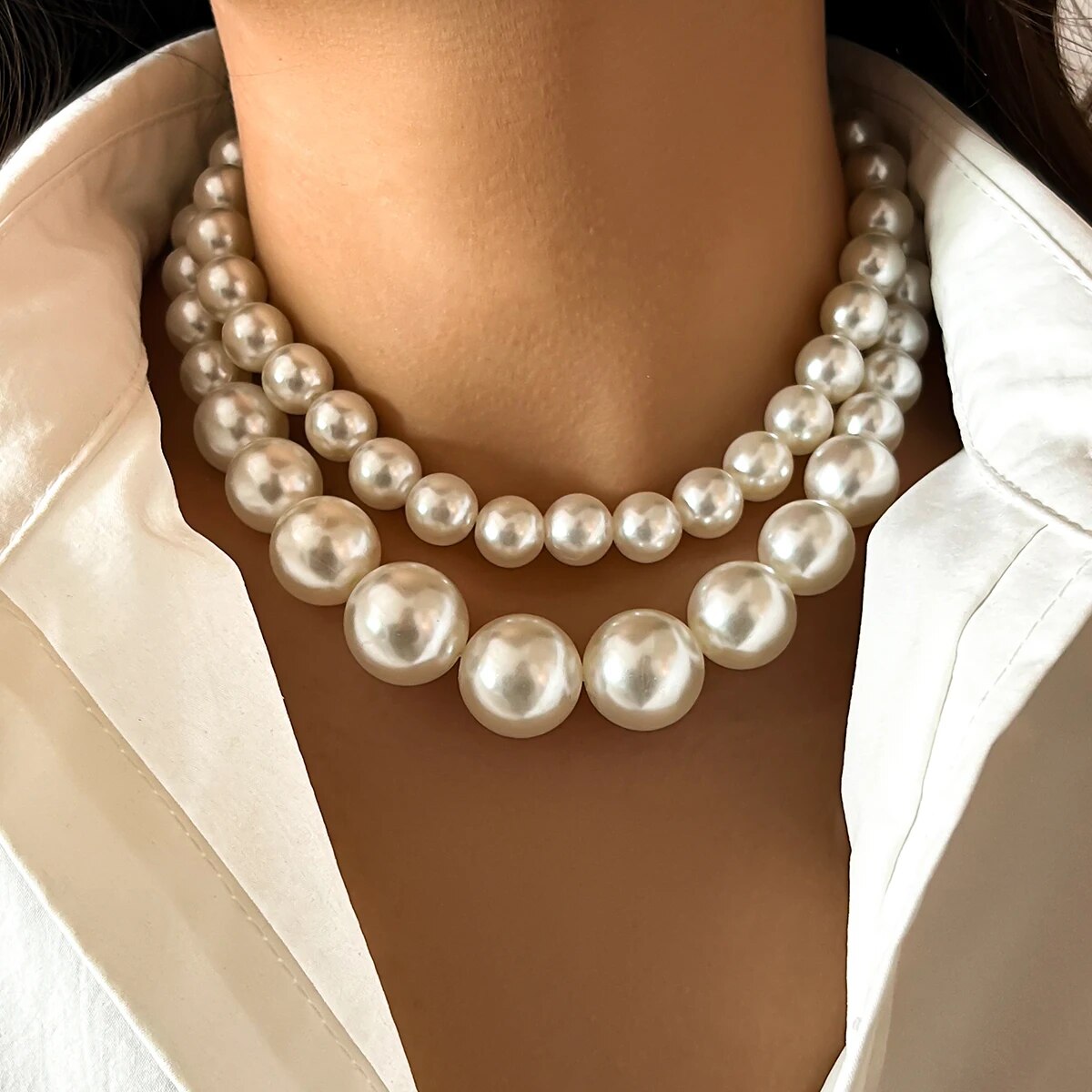2Pcs/Set Exaggerated Big Imita - Pearl Choker Necklace Vintage 评论和价格