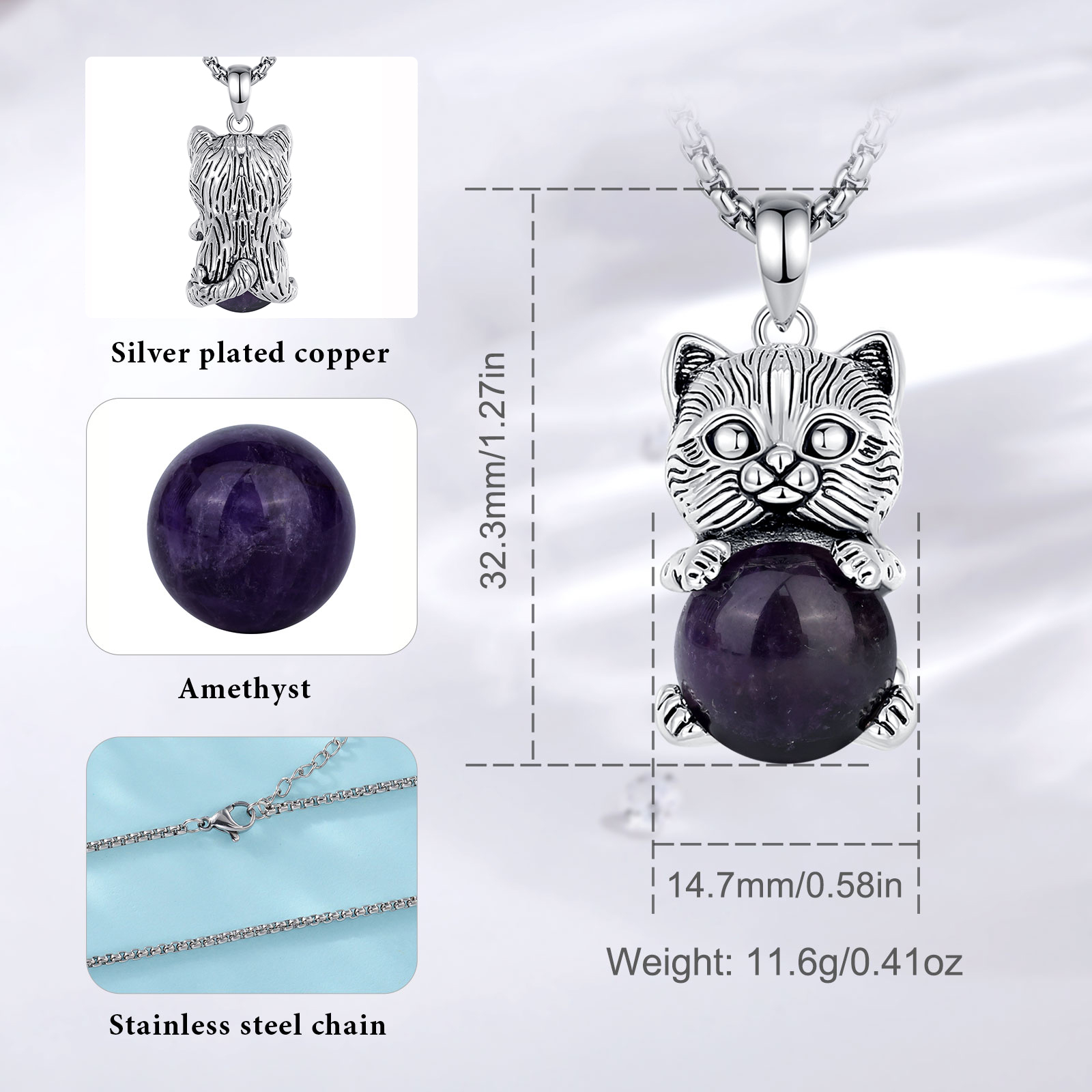 Eudora Cute Cat Amethyst Neckl - Crystal Pendant Necklace Natural Stone 评论和价格