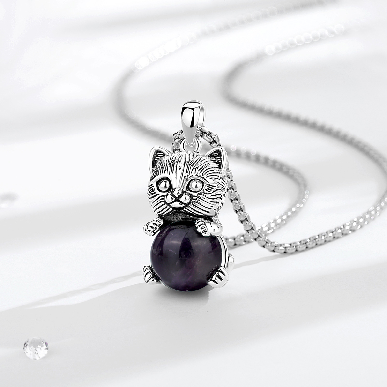 Eudora Cute Cat Amethyst Neckl - Crystal Pendant Necklace Natural Stone 评论和价格