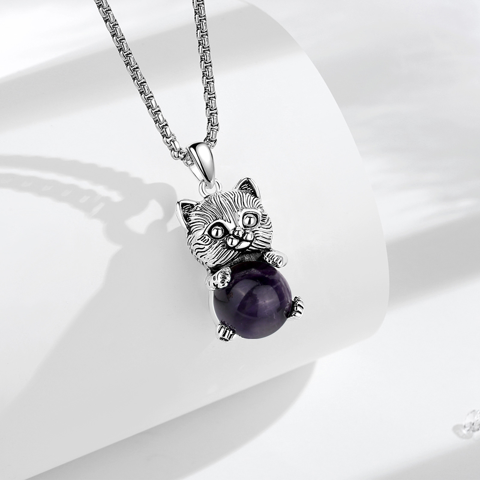 Eudora Cute Cat Amethyst Neckl - Crystal Pendant Necklace Natural Stone 评论和价格